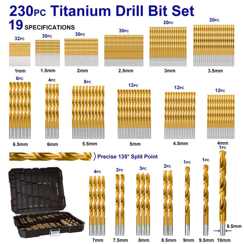 PLATINUMEDGE Metric 230 Pieces Titanium Twist Drill Bit Set, 135 Tip High Speed Steel, Size from 1mm up to 10mm, Ideal Drilling in Wood/Cast Iron/Aluminum Alloy/Plastic/Fiberglass, with Hard Storage - Image 5